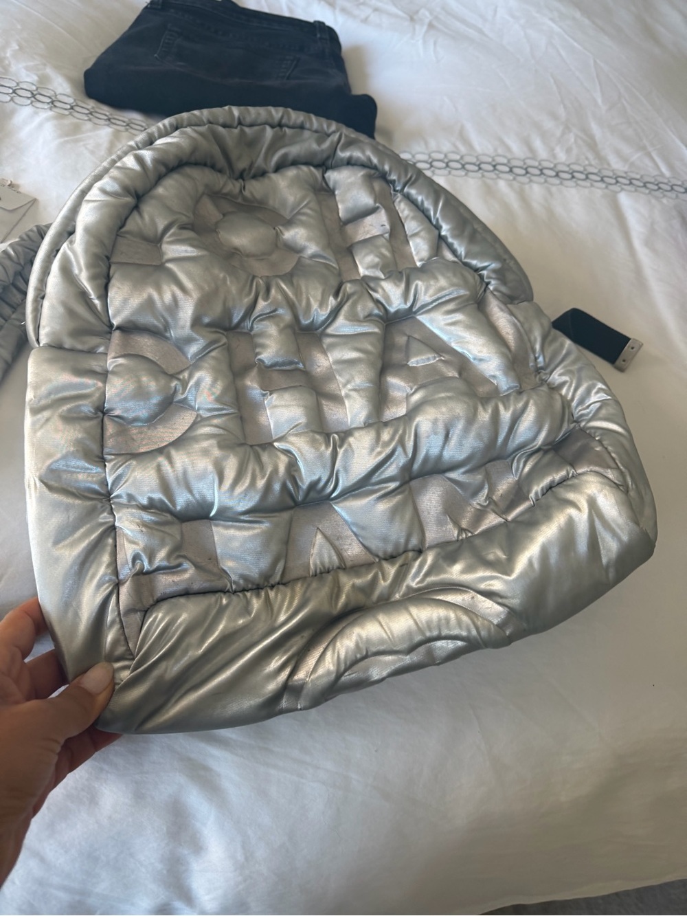 CHANEL Black and Silver Quilted Puffer Backpack - Picture 2 of 7
